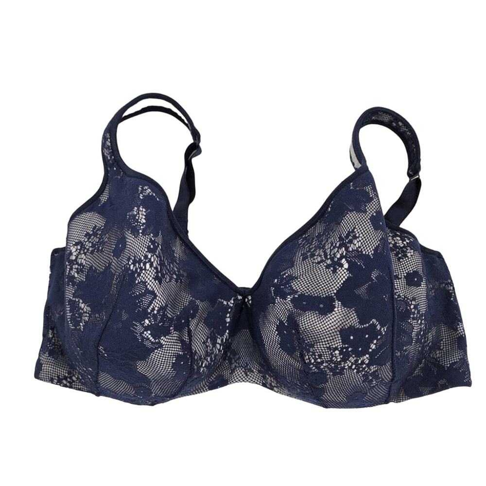 Cacique Navy Blue Floral Lace Full Coverage Back Clasp Underwire Bra Size 38DDD